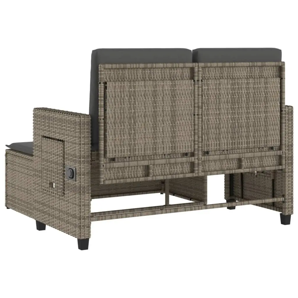 Reclining Outdoor Loveseat Sofa Bed Grey PE Poly Rattan Garden Bench with Adjustable Backrest and Foldable Side Tables