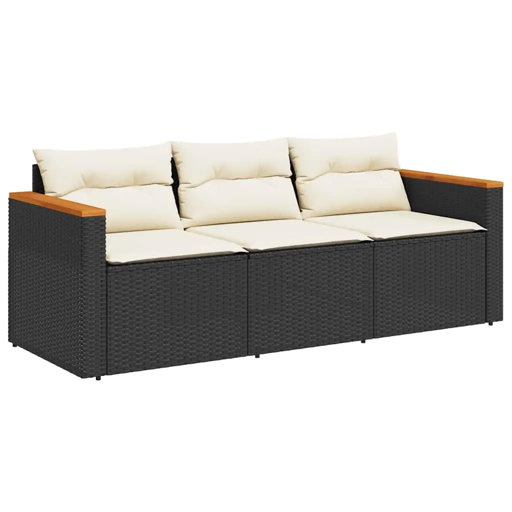 3-Seater Garden Sofa PE Rattan Powder-Coated Steel Black Outdoor Furniture
