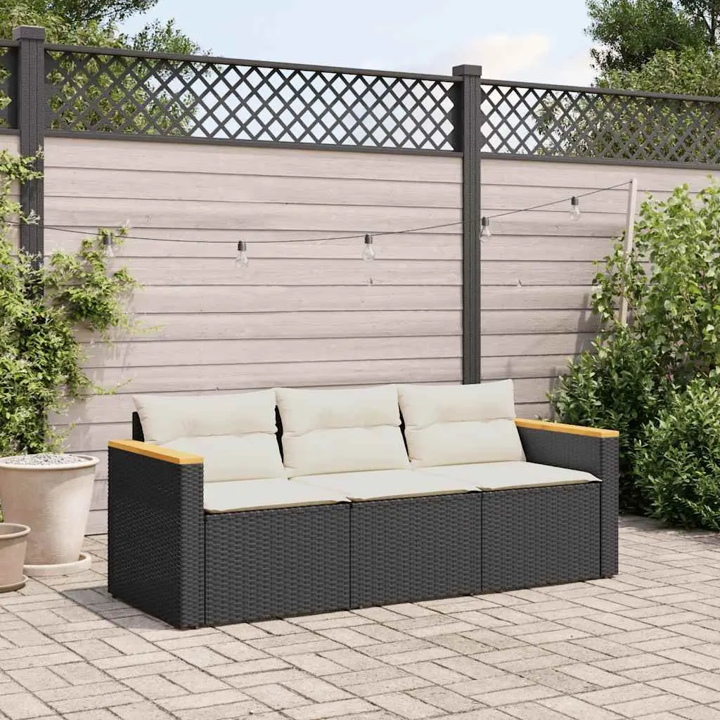3-Seater Garden Sofa PE Rattan Powder-Coated Steel Black Outdoor Furniture