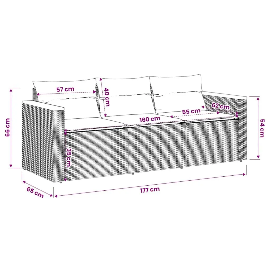 3-Seater Garden Sofa PE Rattan Powder-Coated Steel Black Outdoor Furniture