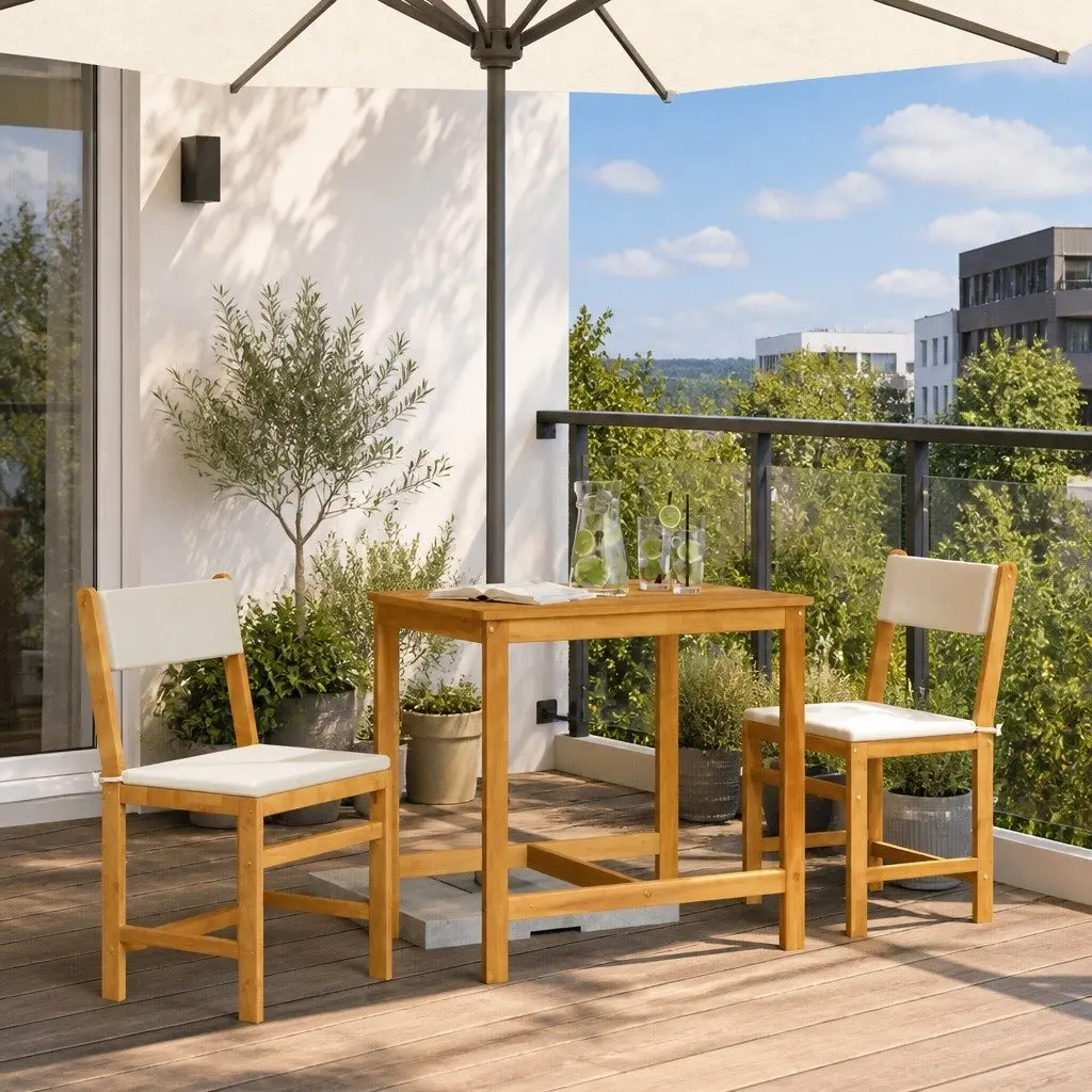 3 Piece Balcony Set Solid Acacia Wood Outdoor Patio Furniture Brown with Cushions