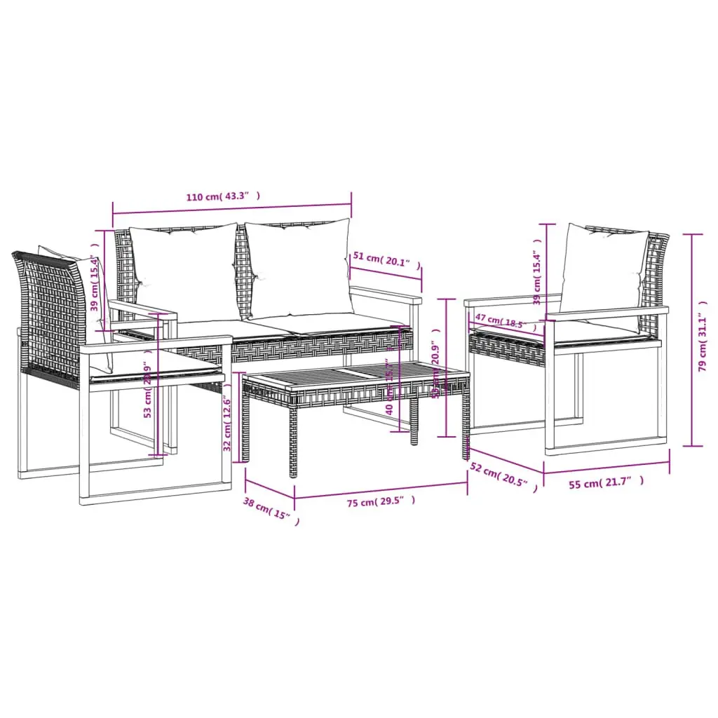 4 Piece Outdoor Lounge Set Poly Rattan Beige Patio Furniture with Cushions and Acacia Wood Table