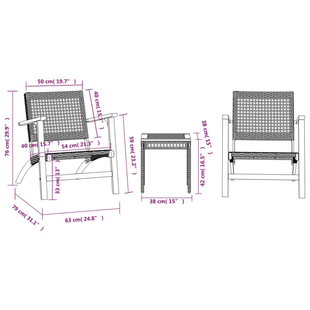 3 Piece Bistro Set Black Outdoor Garden Furniture Patio Table Chairs Rattan