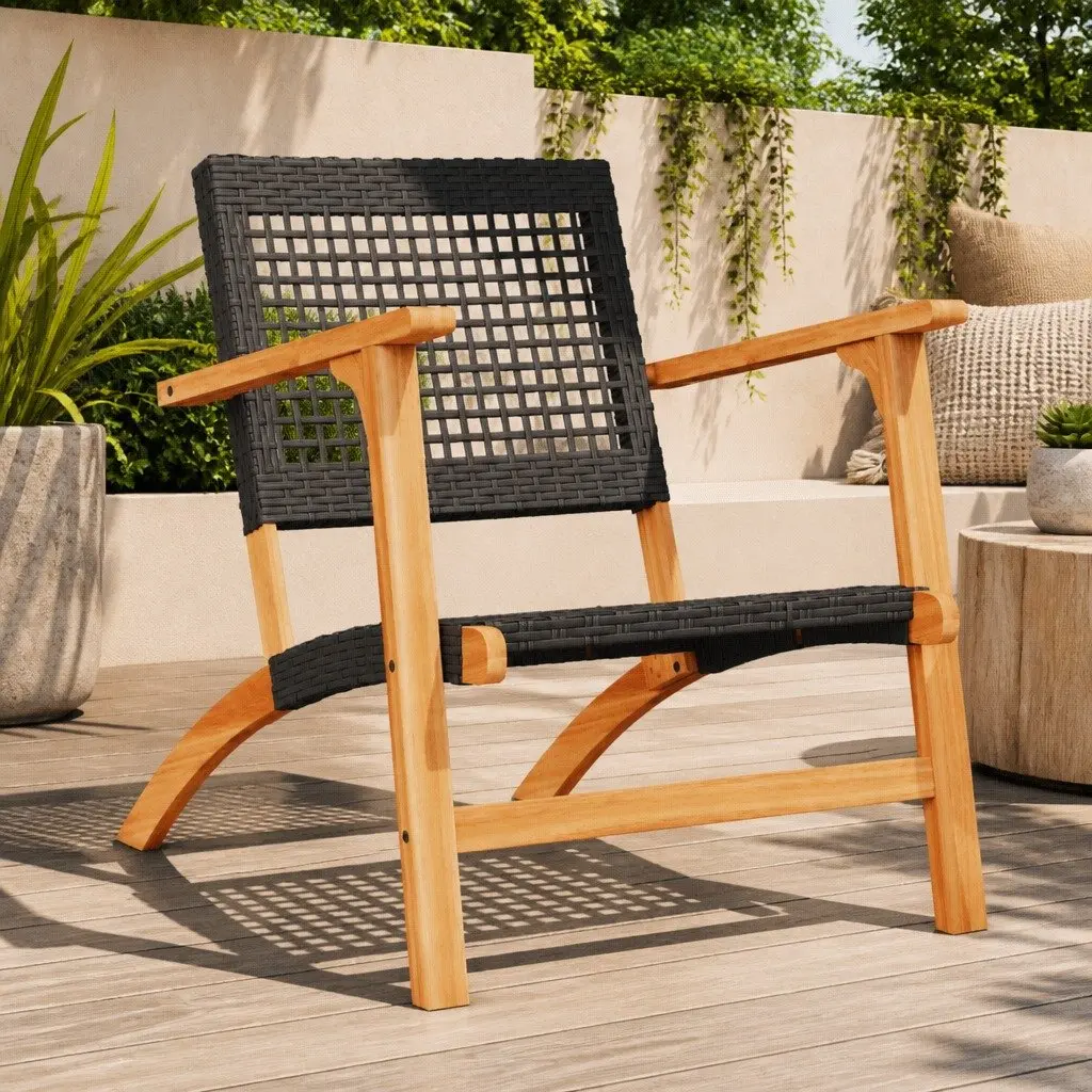 Garden Chairs Poly Rattan Black 2pcs Outdoor Patio Seats with Acacia Wood Arms