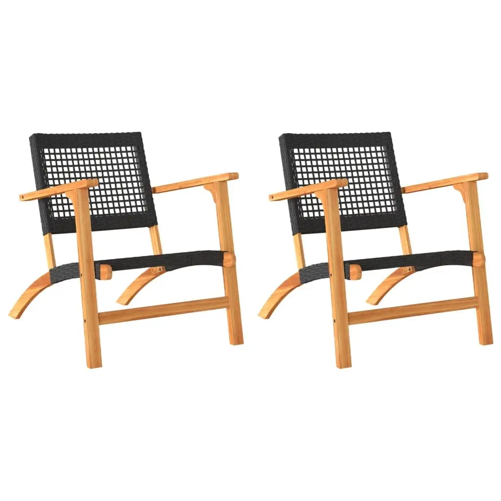 Garden Chairs Poly Rattan Black 2pcs Outdoor Patio Seats with Acacia Wood Arms