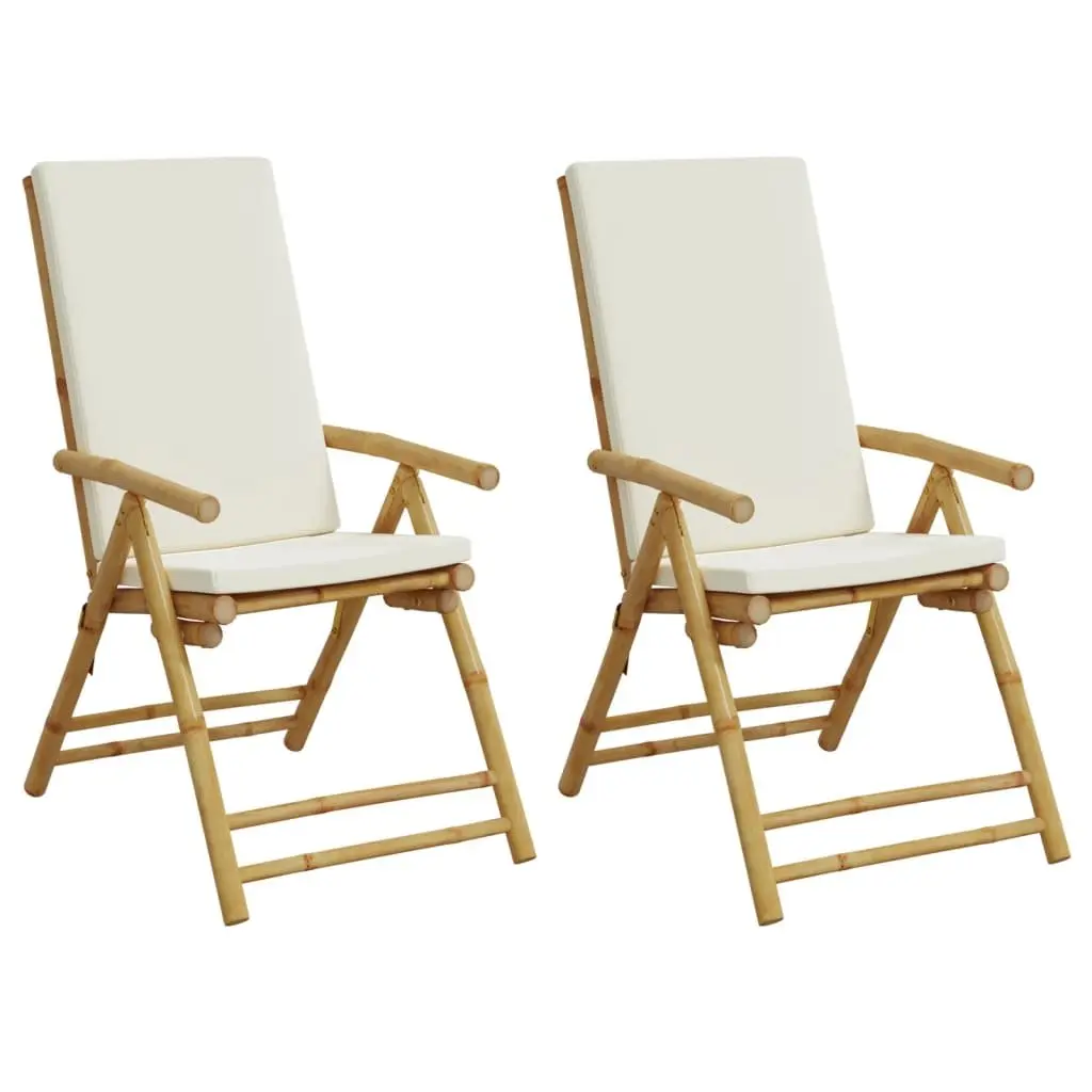 Bamboo Reclining Folding Chairs Set 2 Pieces Brown Outdoor Seating with Cushions Five Position Adjustable Backrest