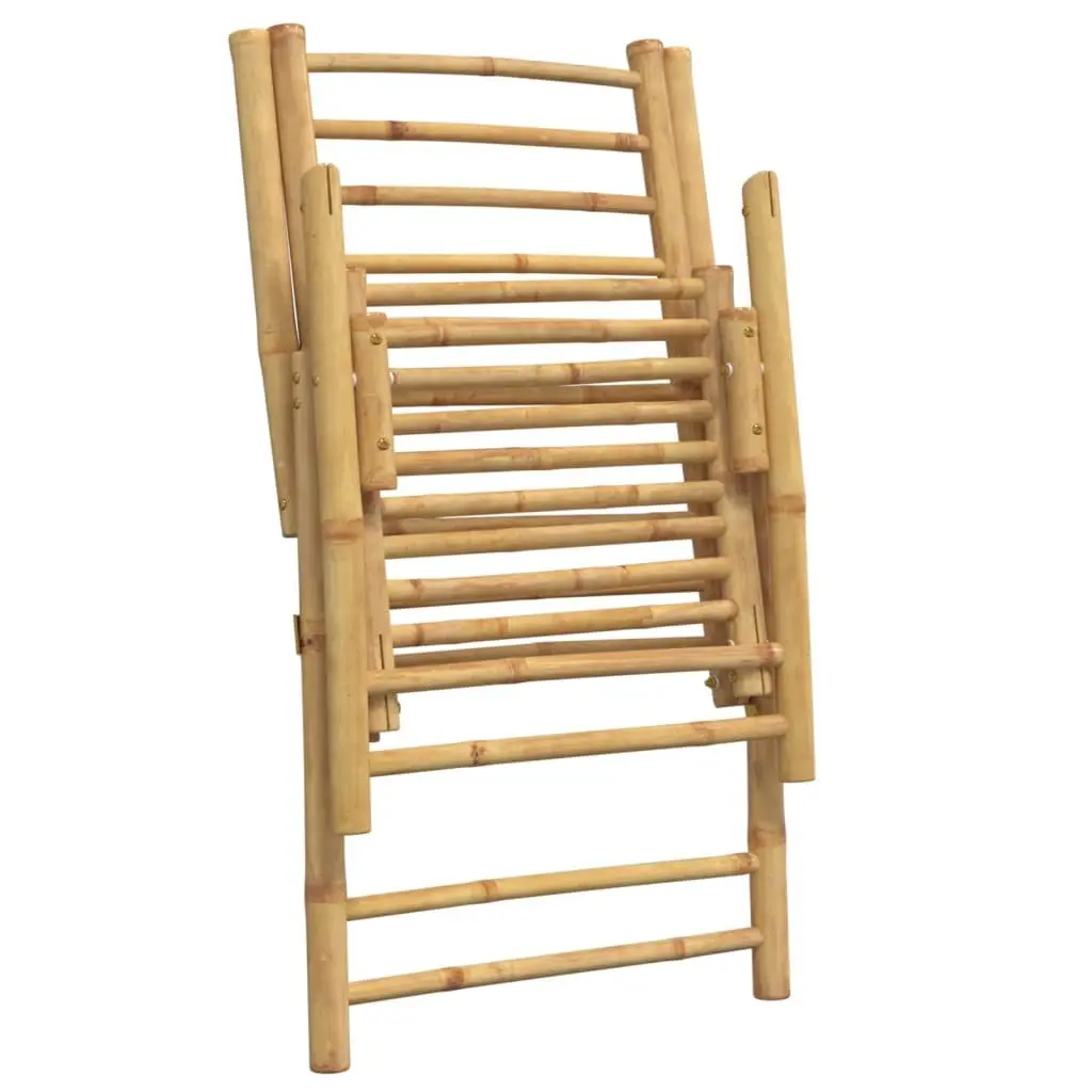 Bamboo Reclining Folding Chairs Set 2 Pieces Brown Outdoor Seating with Cushions Five Position Adjustable Backrest