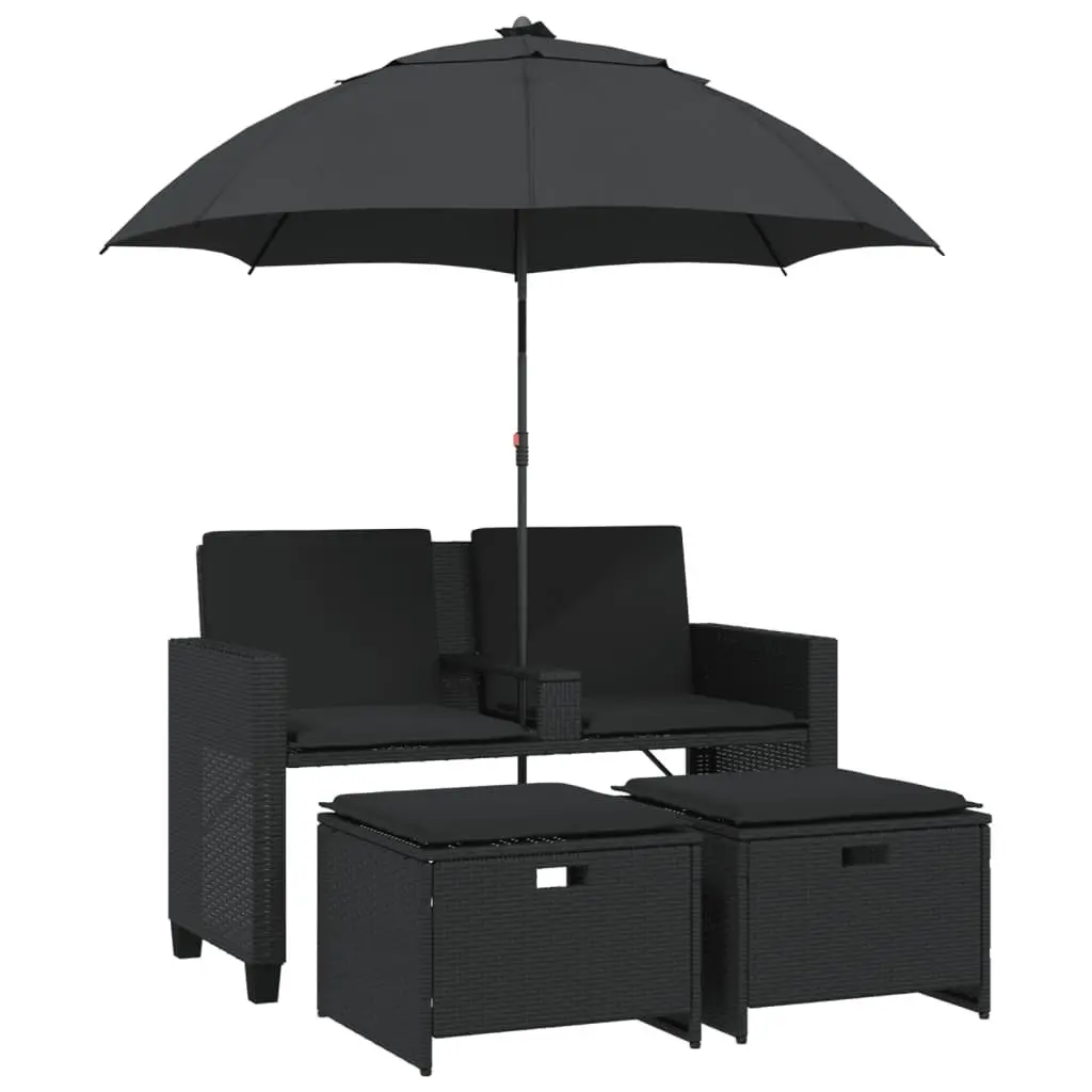 2-Seater Black Garden Sofa with Parasol