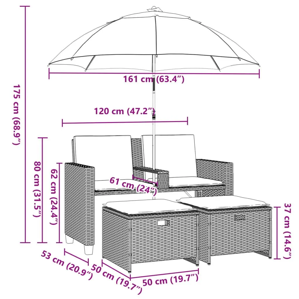 2-Seater Black Garden Sofa with Parasol