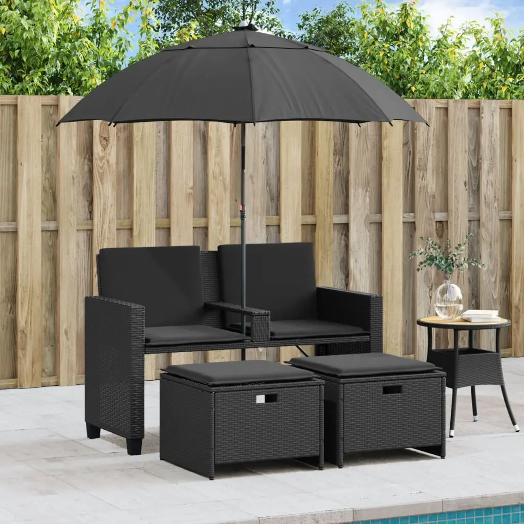 2-Seater Black Garden Sofa with Parasol