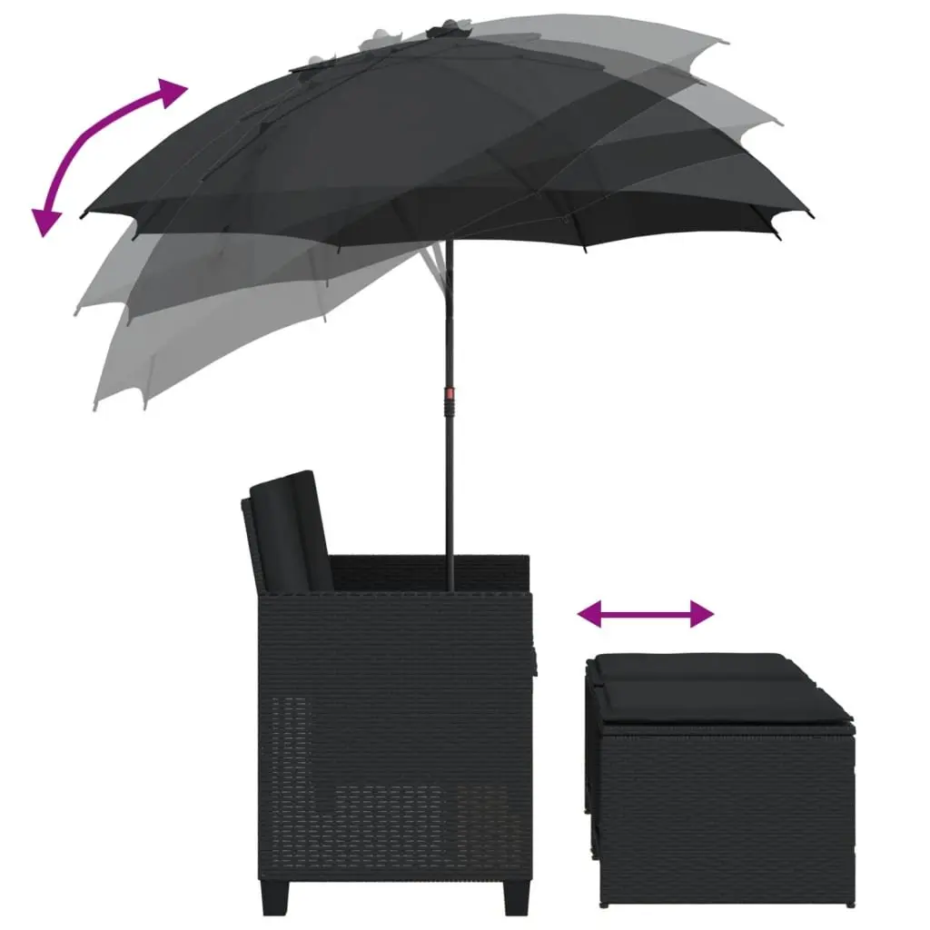 2-Seater Black Garden Sofa with Parasol