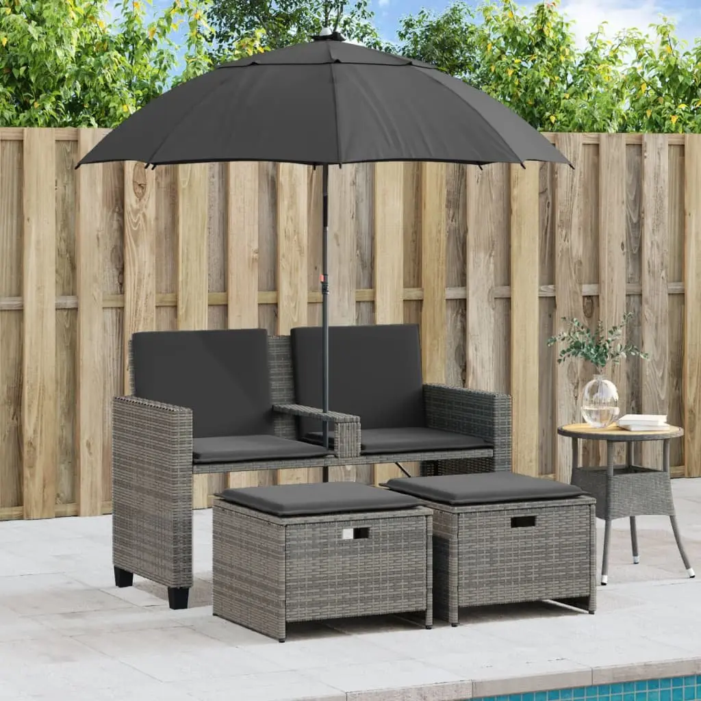 Garden Sofa PE Rattan 2-Seater Outdoor Furniture with Parasol and Footstools Grey