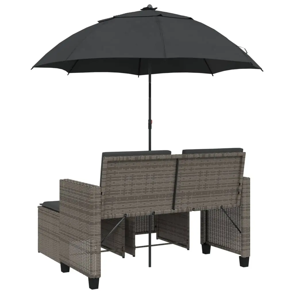 Garden Sofa PE Rattan 2-Seater Outdoor Furniture with Parasol and Footstools Grey
