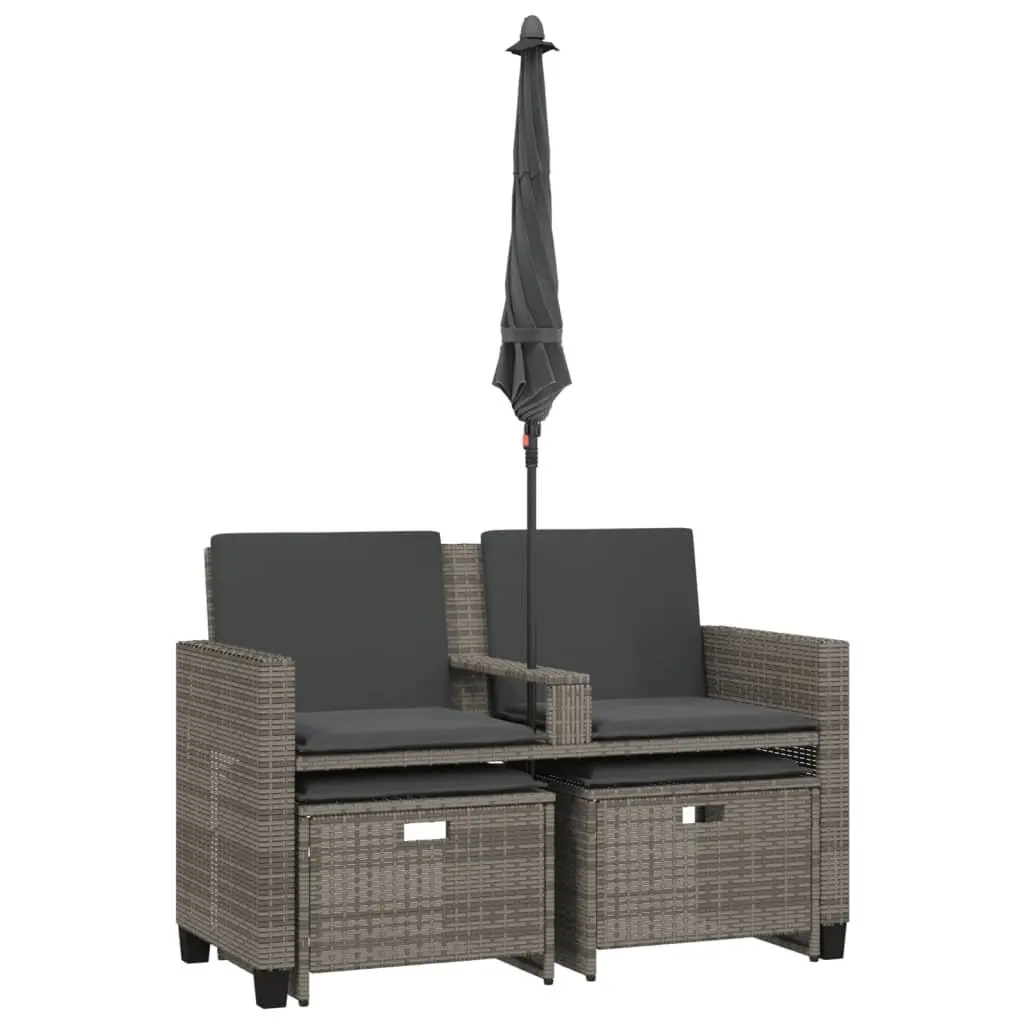 Garden Sofa PE Rattan 2-Seater Outdoor Furniture with Parasol and Footstools Grey