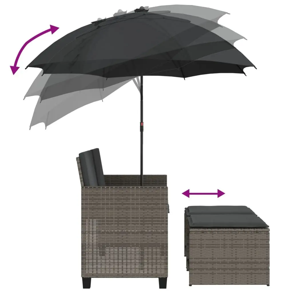 Garden Sofa PE Rattan 2-Seater Outdoor Furniture with Parasol and Footstools Grey