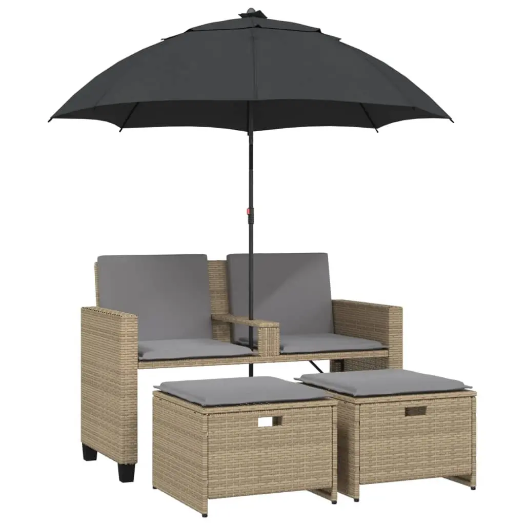 Garden Sofa 2-Seater Outdoor Patio Set with Parasol and Footstools Beige