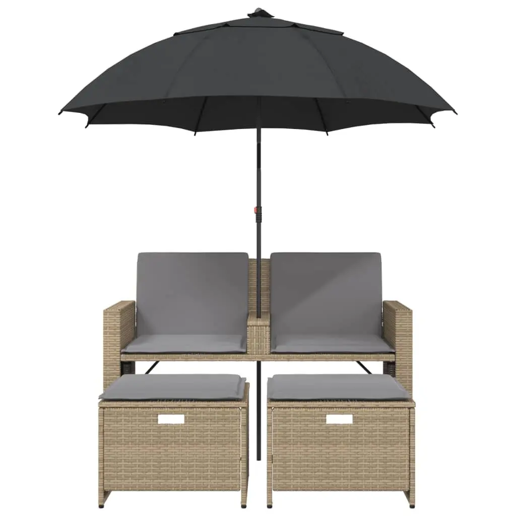 Garden Sofa 2-Seater Outdoor Patio Set with Parasol and Footstools Beige