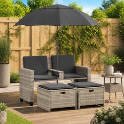 Garden Sofa 2-Seater Outdoor Set with Parasol Footstools Grey Poly Rattan Patio