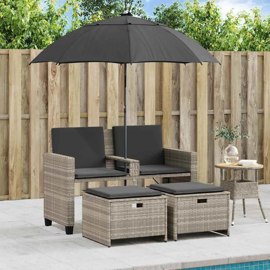 2-Seater Garden Sofa Outdoor Set Light Grey Poly Rattan with Parasol and Footstools