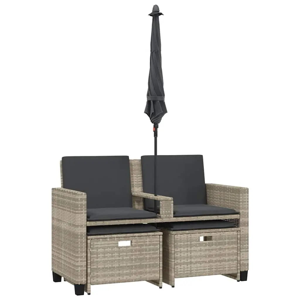2-Seater Garden Sofa Outdoor Set Light Grey Poly Rattan with Parasol and Footstools