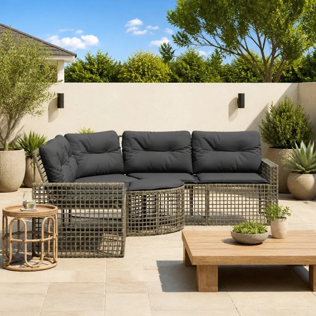L-Shaped Garden Sofa Set with Cushions and Footstool Grey Poly Rattan Outdoor