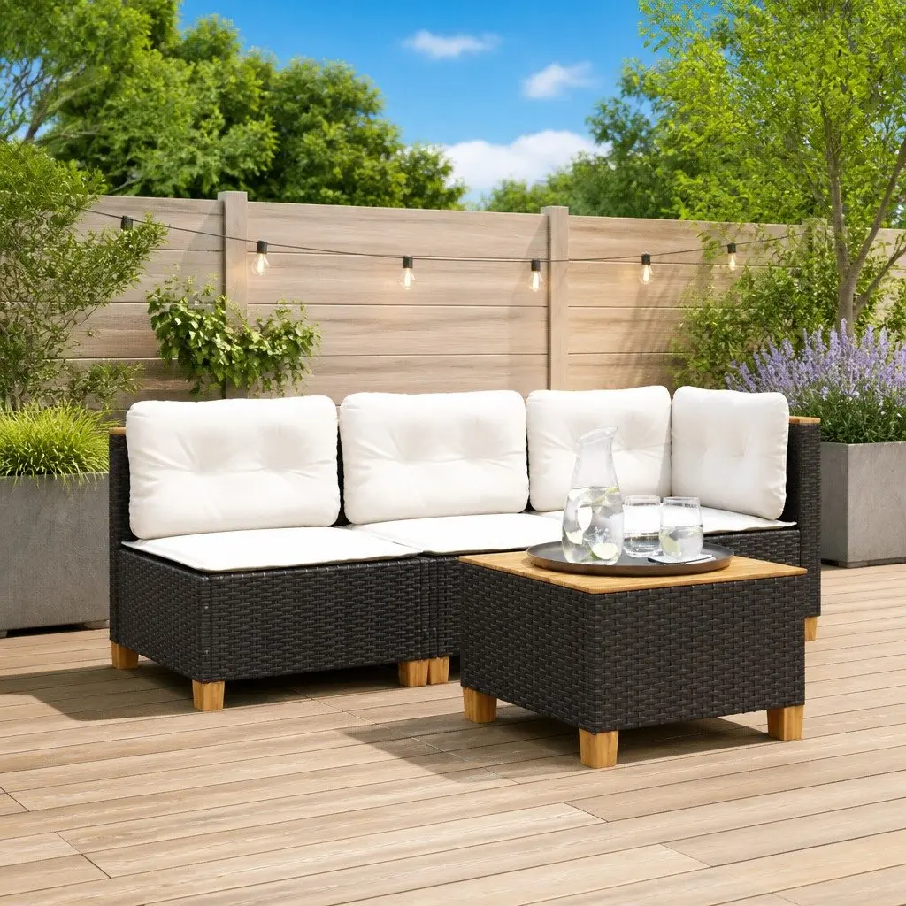 Garden Corner Sofa with Cushions Black Poly Rattan Outdoor Lounge Seating