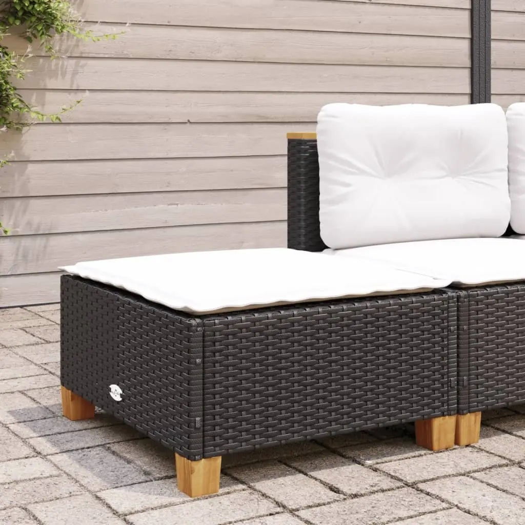 Garden Stool PE Rattan Black Outdoor Footrest with Cushion Powder-coated Steel Frame