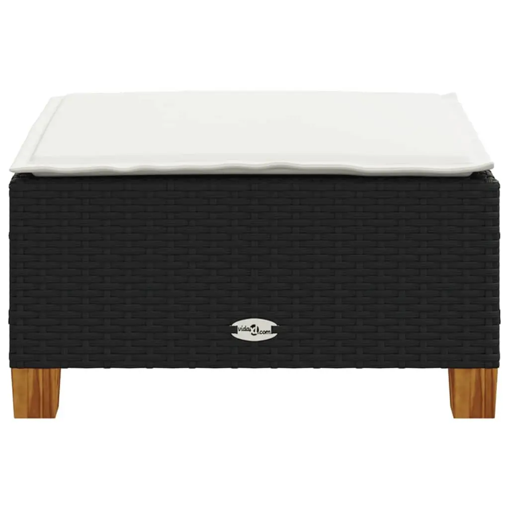 Garden Stool PE Rattan Black Outdoor Footrest with Cushion Powder-coated Steel Frame