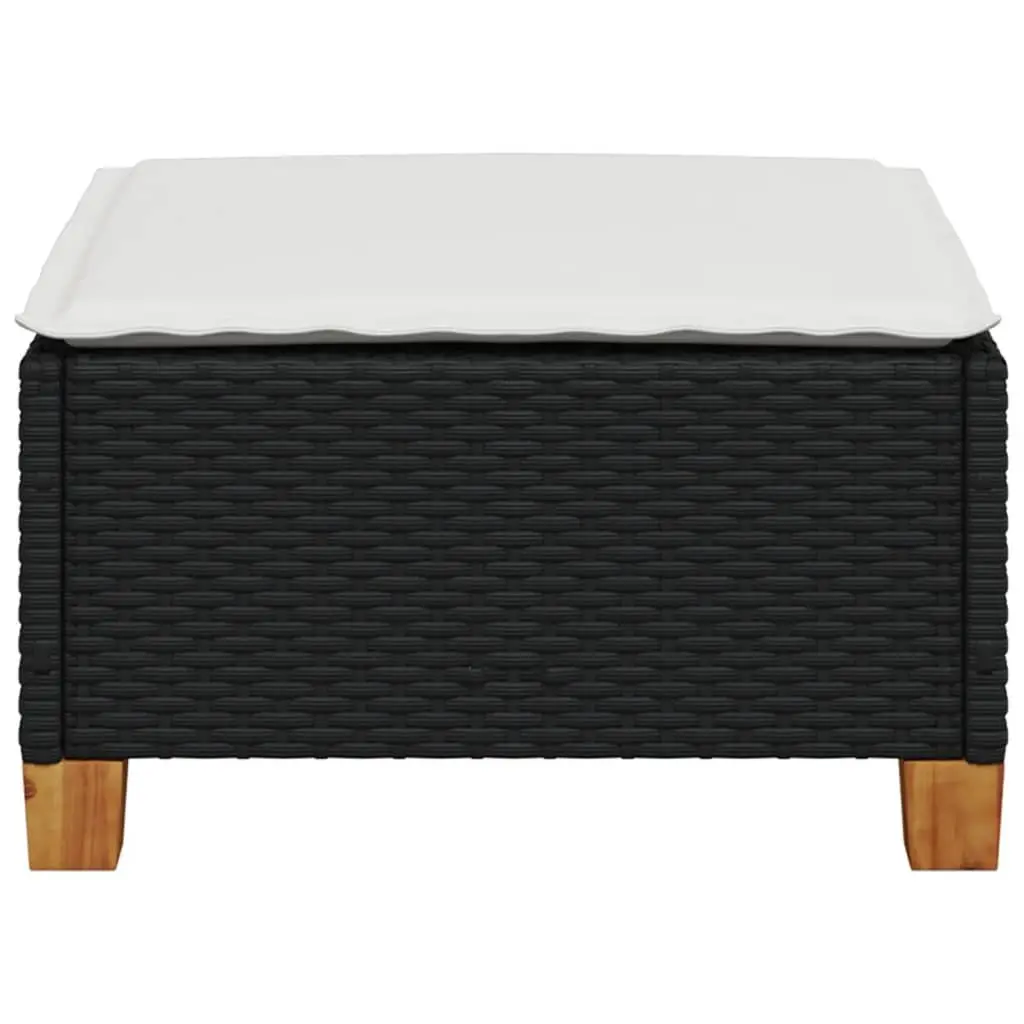 Garden Stool PE Rattan Black Outdoor Footrest with Cushion Powder-coated Steel Frame