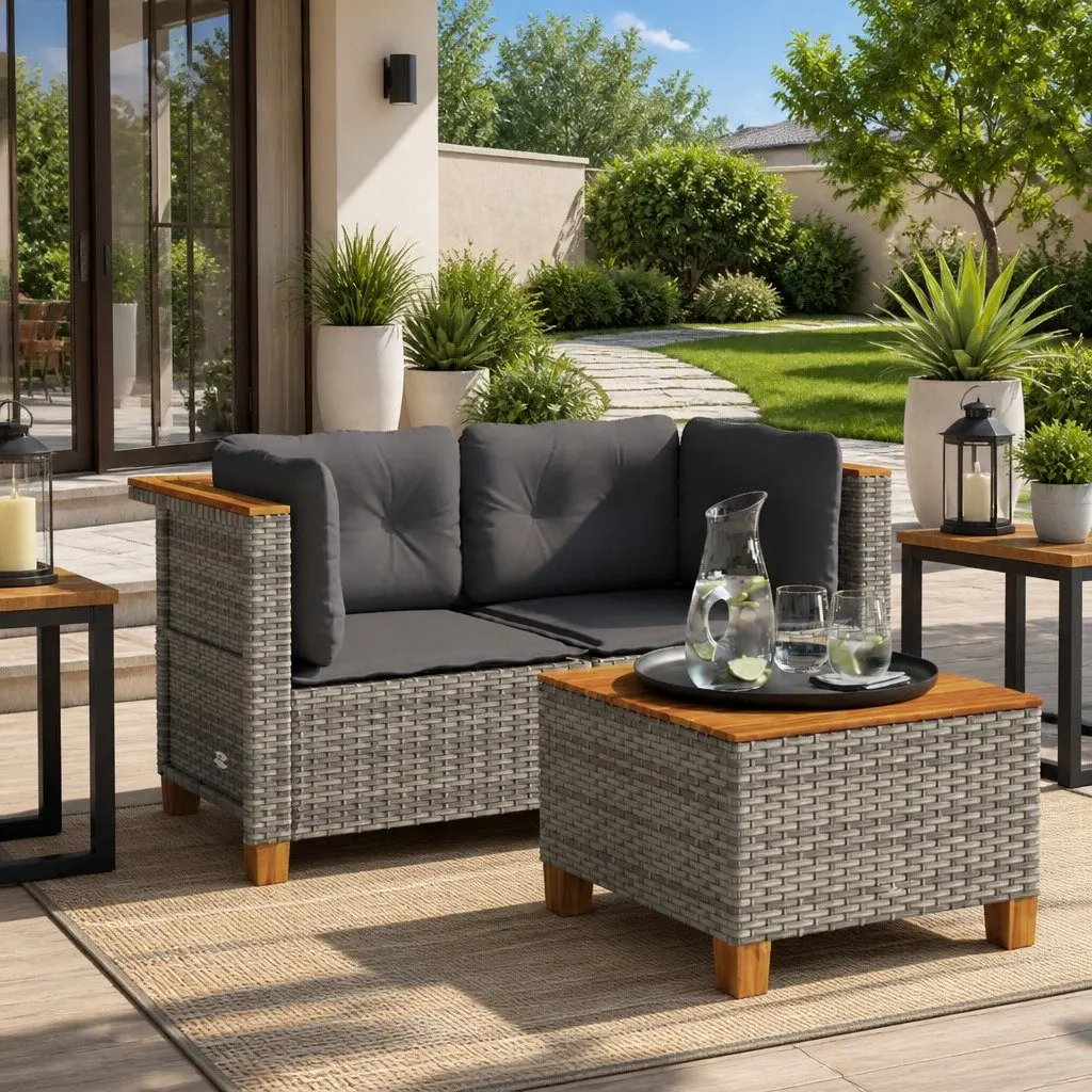Outdoor Corner Sofa Set PE Rattan 2 pcs Grey with Cushions
