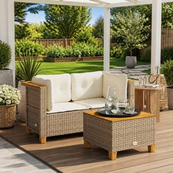 Outdoor Garden Sofa Corner Set 2 Piece with Cushions Beige Poly Rattan Lounge