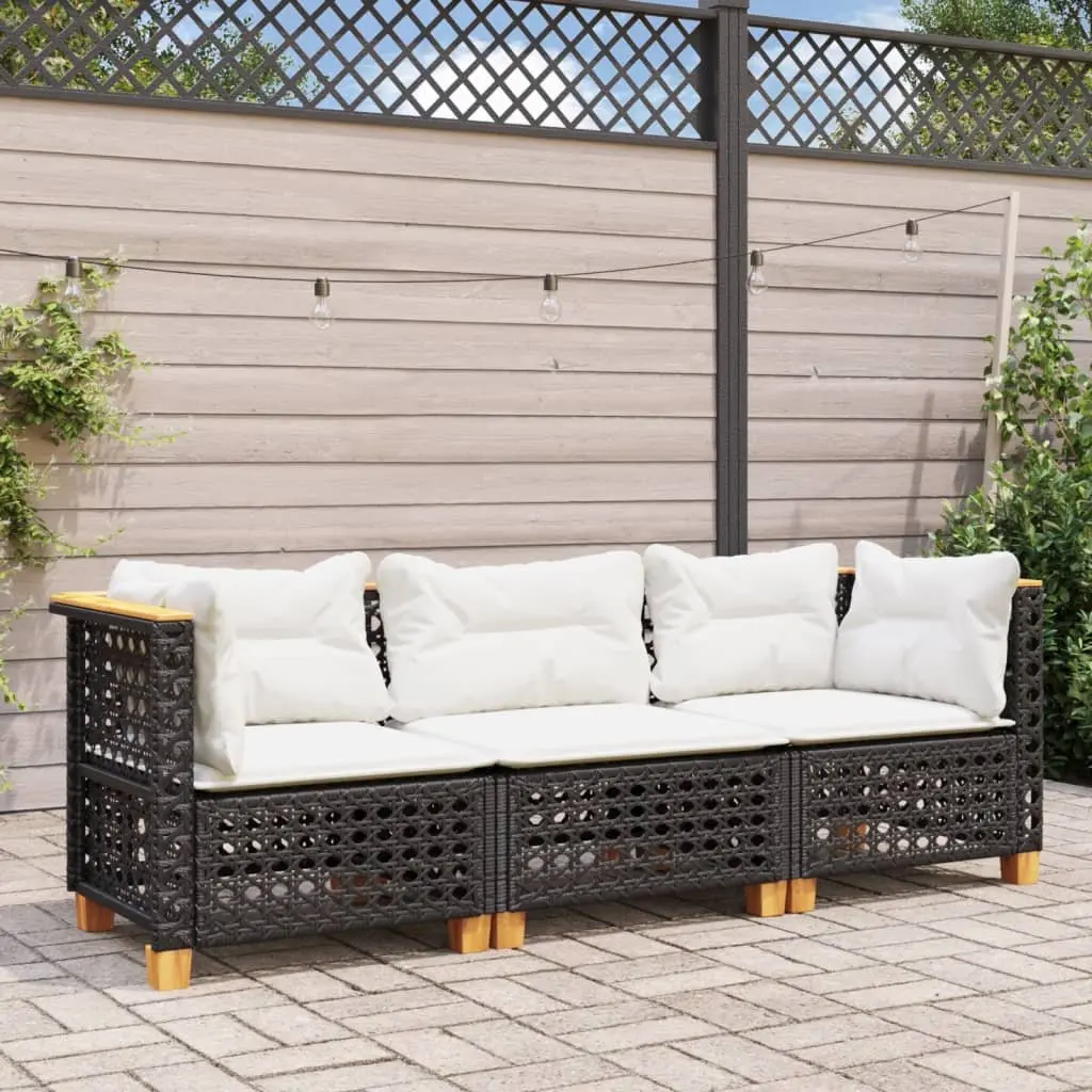 3-Seater Outdoor Garden Sofa Black Poly Rattan Lounge with Cushions Modular