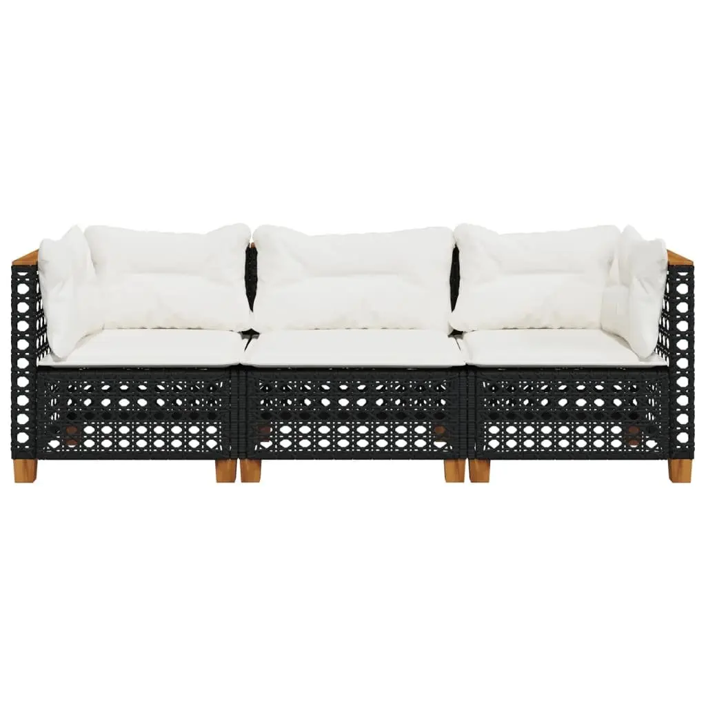 3-Seater Outdoor Garden Sofa Black Poly Rattan Lounge with Cushions Modular