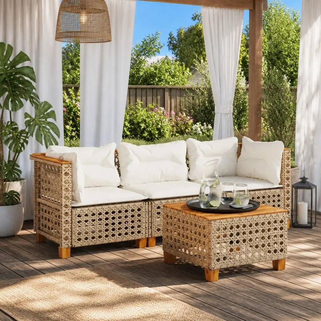 3-Seater Sofa PE Rattan Outdoor Lounge Seating Beige with Cushions