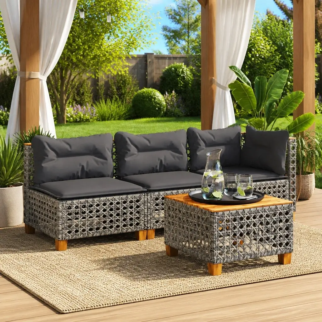 Outdoor Garden Sofa 3-Seater Grey Poly Rattan Lounge with Cushions Modular