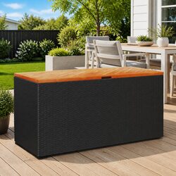 Garden Storage Box Black Outdoor Furniture Bench Seat Poly Rattan Acacia Wood