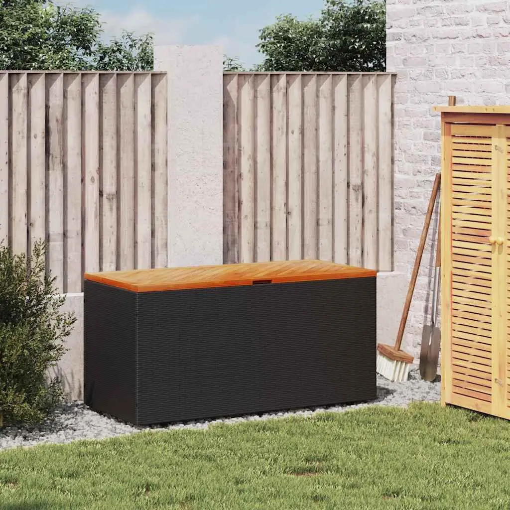 Garden Storage Box Poly Rattan Acacia Wood Black Outdoor Furniture Bench Seat 110 x 50 x 54 cm