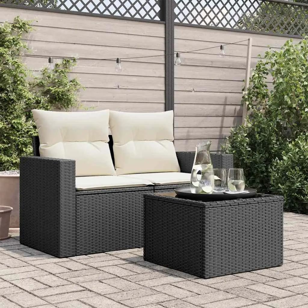 Outdoor Coffee Table Black Poly Rattan 55x55x37cm Tempered Glass Top Garden Furniture