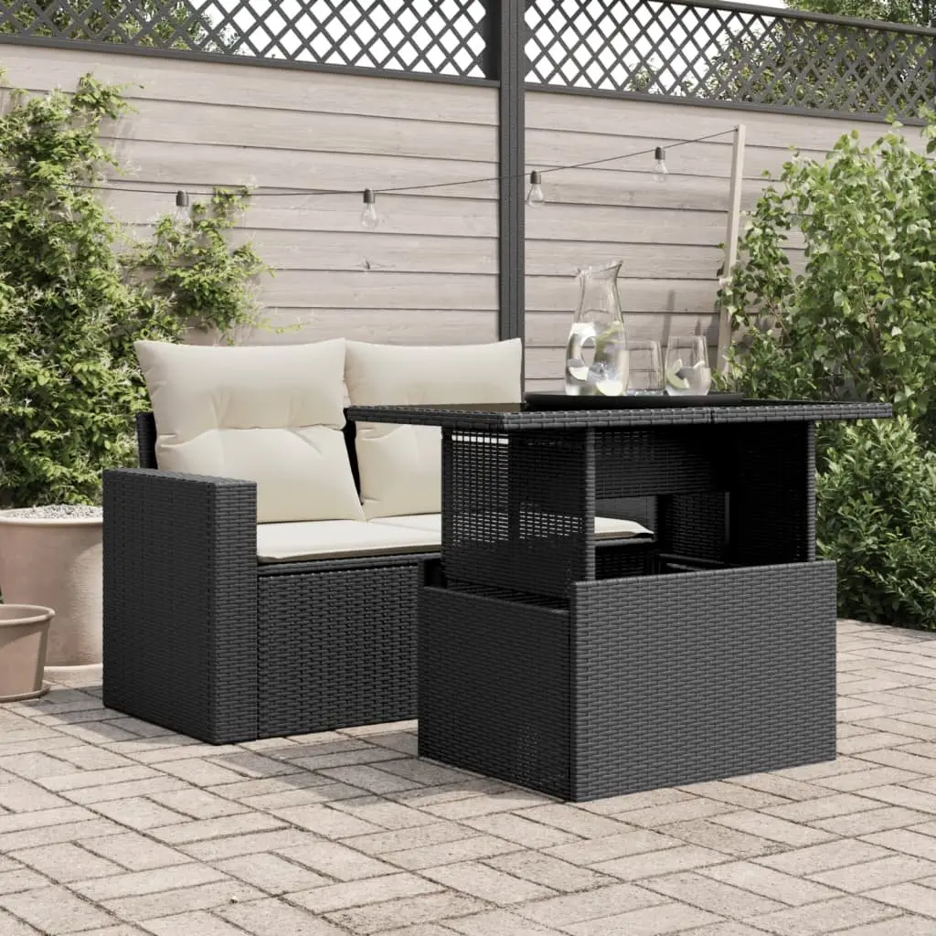 Garden Table Adjustable Tempered Glass Top Black PE Rattan Powder-Coated Steel 100L x 55W x 73H cm