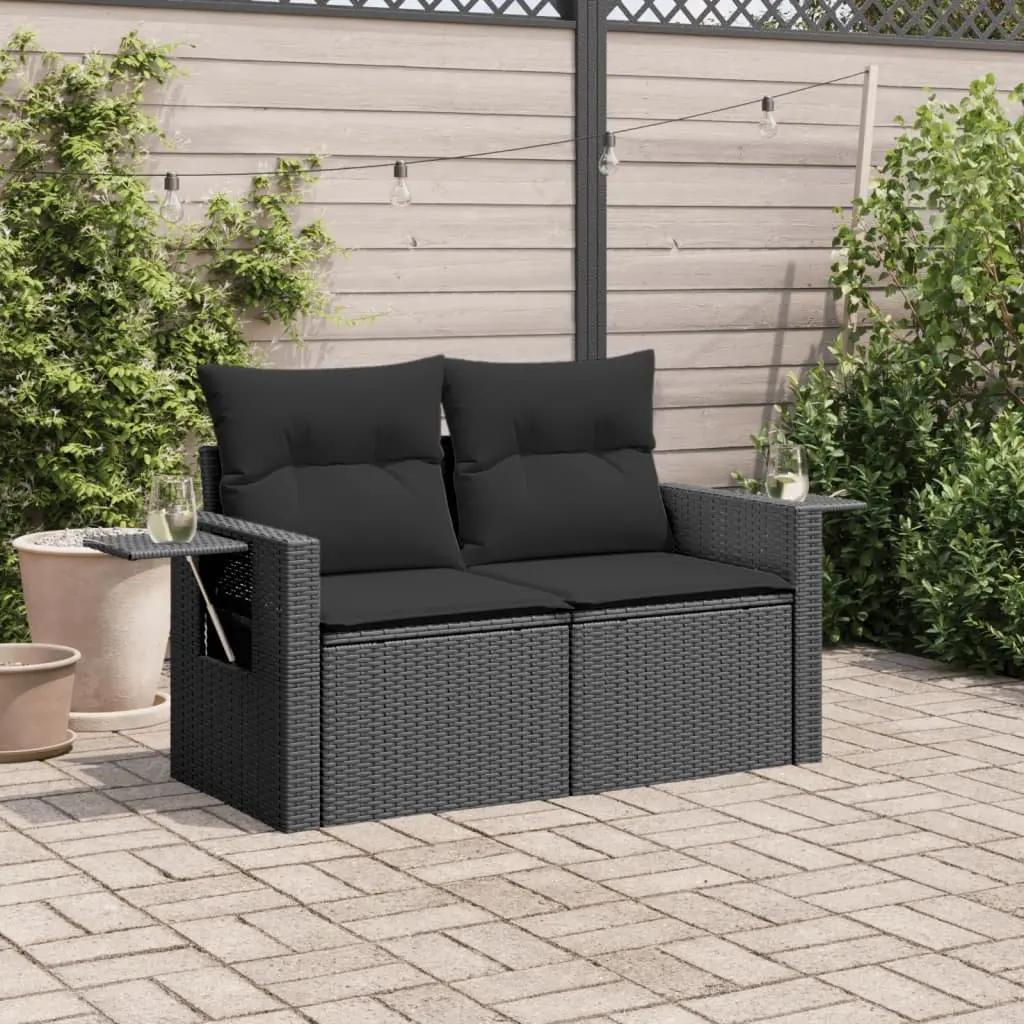 2-Seater Garden Sofa with Cushions Side Table Outdoor Seating Black Poly Rattan