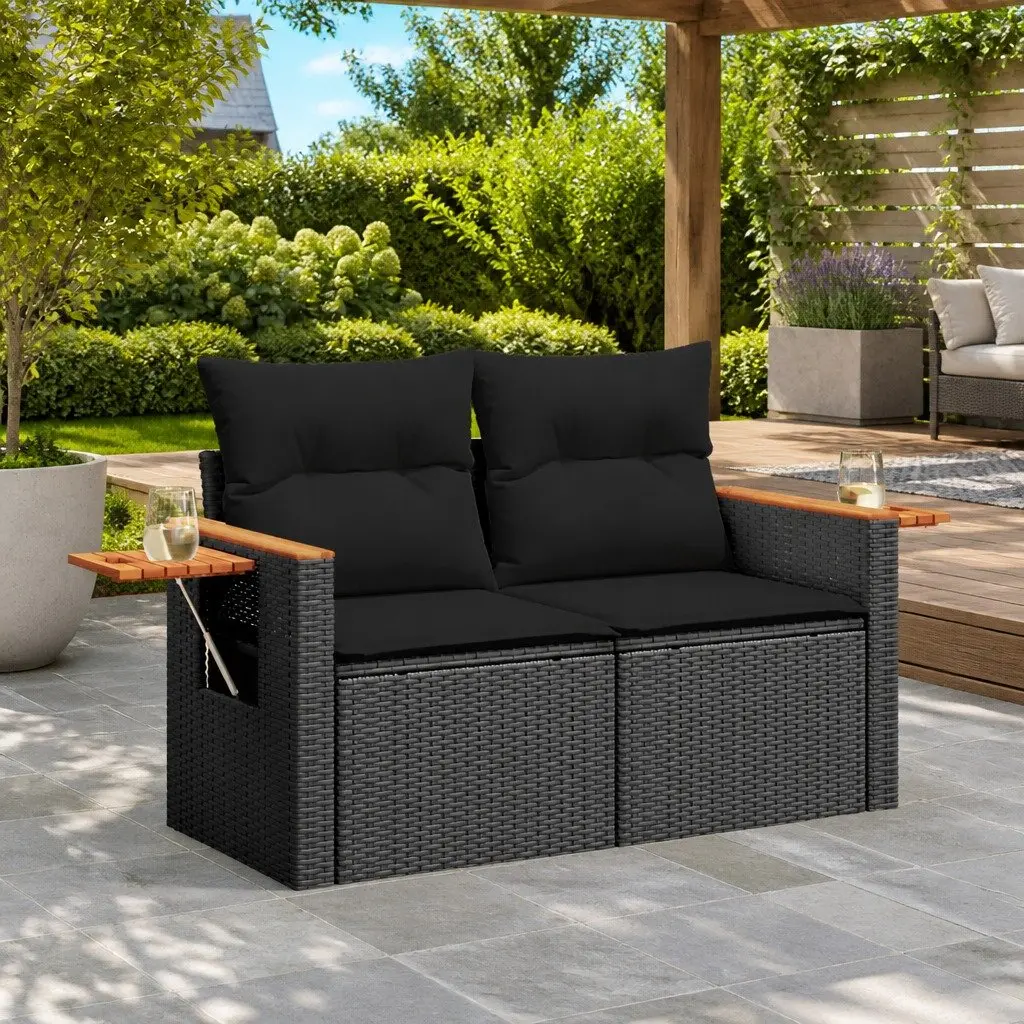 Outdoor Garden Sofa PE Rattan 2-Seater Black with Cushions and Foldable Side Table