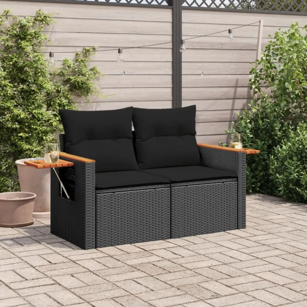 Outdoor Garden Sofa PE Rattan 2-Seater Black with Cushions and Foldable Side Table