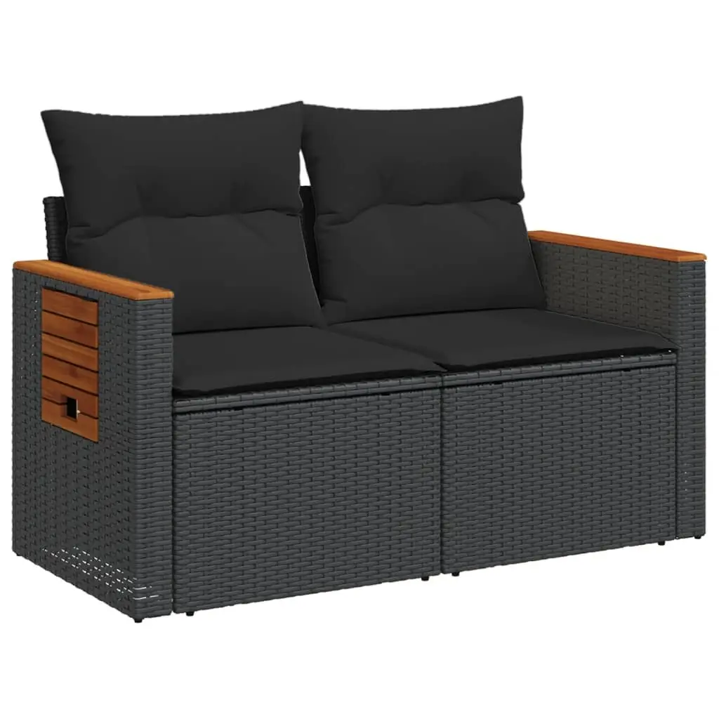Outdoor Garden Sofa PE Rattan 2-Seater Black with Cushions and Foldable Side Table