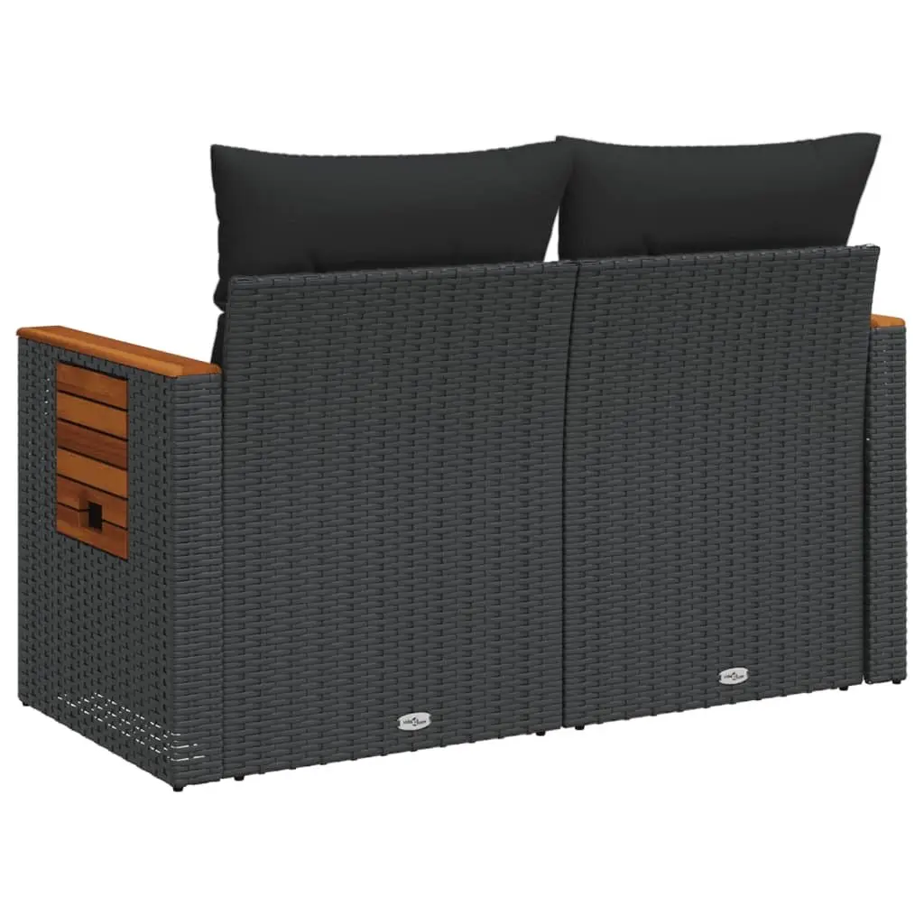 Outdoor Garden Sofa PE Rattan 2-Seater Black with Cushions and Foldable Side Table