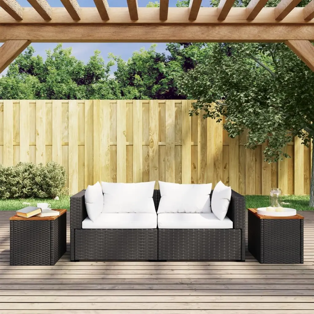 Outdoor Patio Furniture Side Tables Set of 2 Black Rattan Frame Solid Wood Top 55x34x37cm