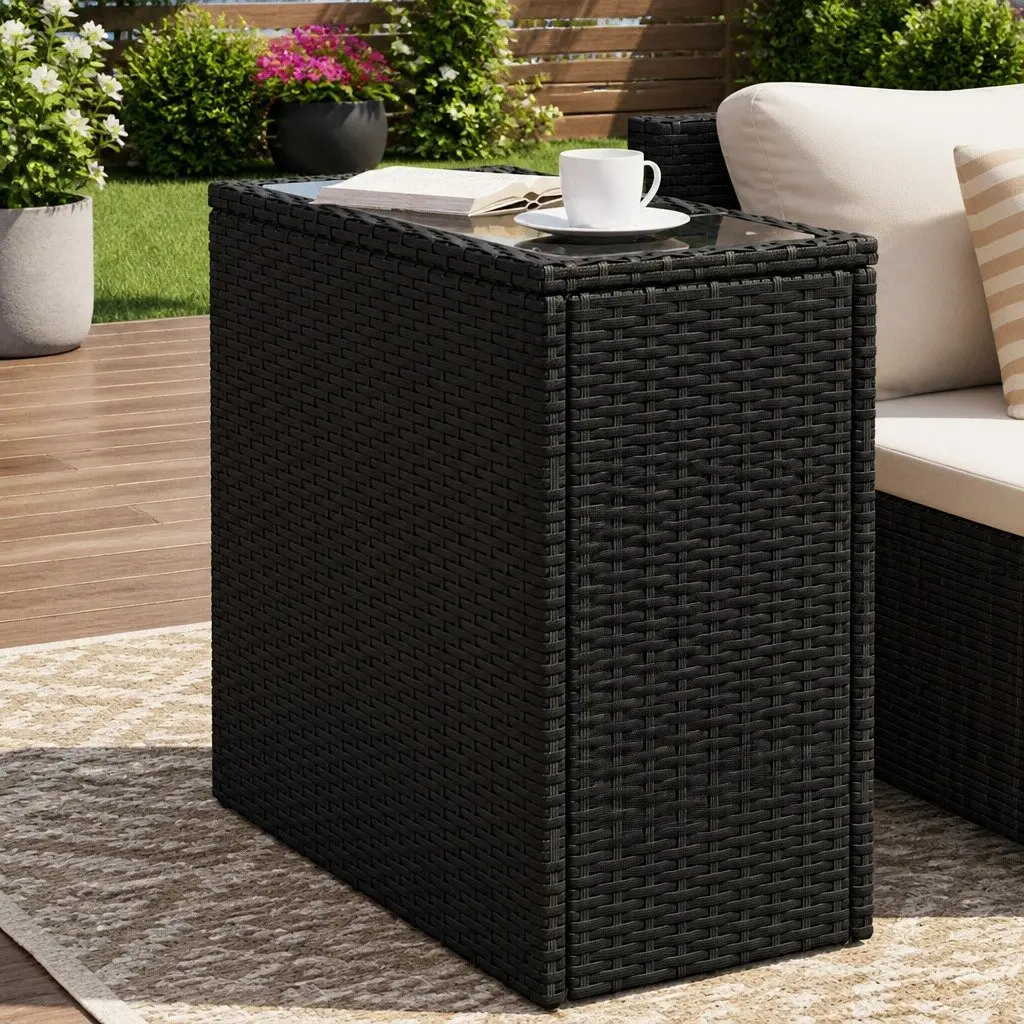 Garden Side Table Tempered Glass Top Poly Rattan Frame Black 58 x 27.5 x 55 cm