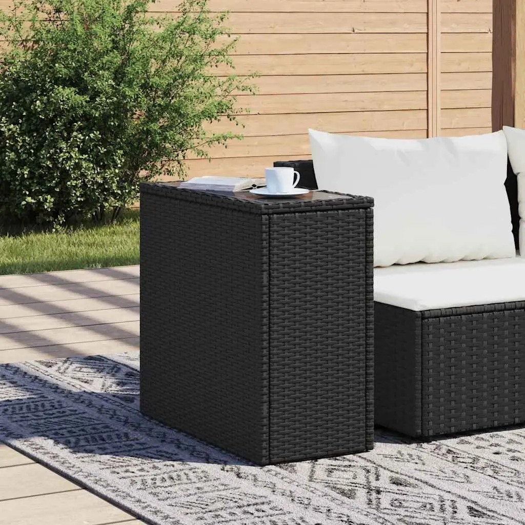 Garden Side Table Tempered Glass Top Poly Rattan Frame Black 58 x 27.5 x 55 cm