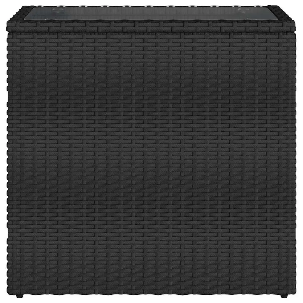 Garden Side Table Tempered Glass Top Poly Rattan Frame Black 58 x 27.5 x 55 cm