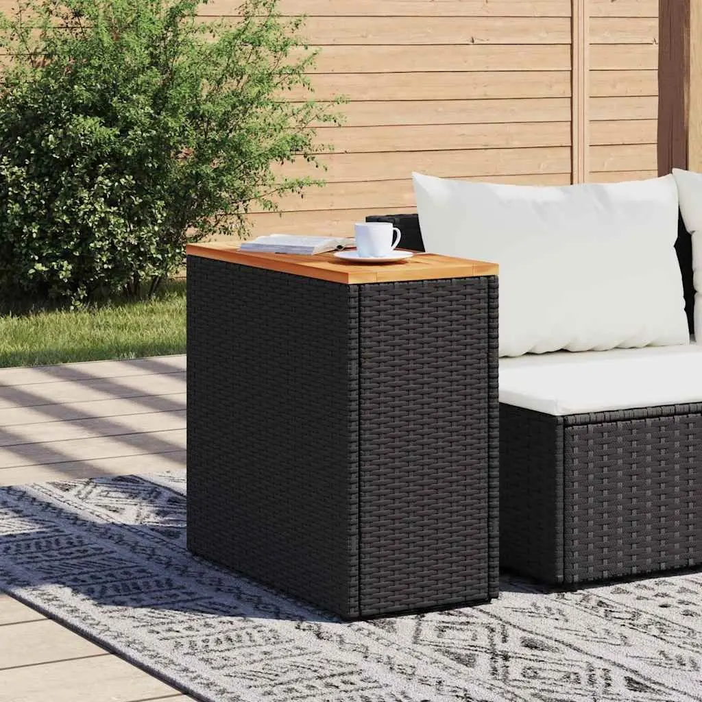 Outdoor Side Table Black Acacia Wood Top and Poly Rattan Frame 58L x 27.5W x 55H cm