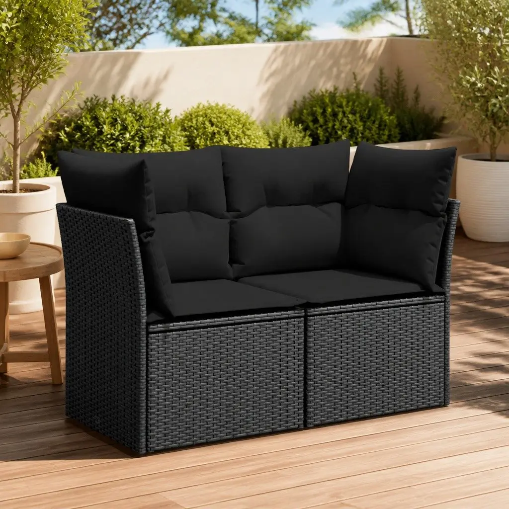 2-Seater Outdoor Sofa Black PE Rattan with Cushions and Storage Compartment